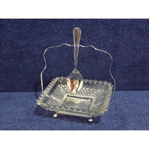 Vintage 3 Piece Square‎ Diamond Glass Jelly Relish Dish Hanging Metal Spoon Rack